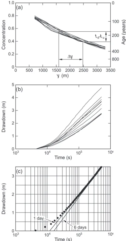 Figure 3. Results from one K field for (a) the evolution of tracer concentrations and ground water ages as a function of distance in the flow direction for 10 equally spaced distances along the x -axis (t d = travel time to the downgradient well;