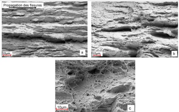 Figure I.57: Micrographies MEB des faciès de rupture des éprouvettes CCT en acier  T91 testées en contact de l’eutectique Pb-Bi à 160°C : a) 6,67x10 -8 m.s -1 , 100% fragile ;  