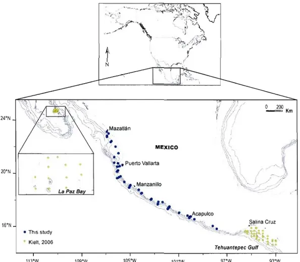 Figure 1.  Map of the  study area showing the  location of the  95  surface-sediment  samples  used  to  develop the diil0Cyst  database