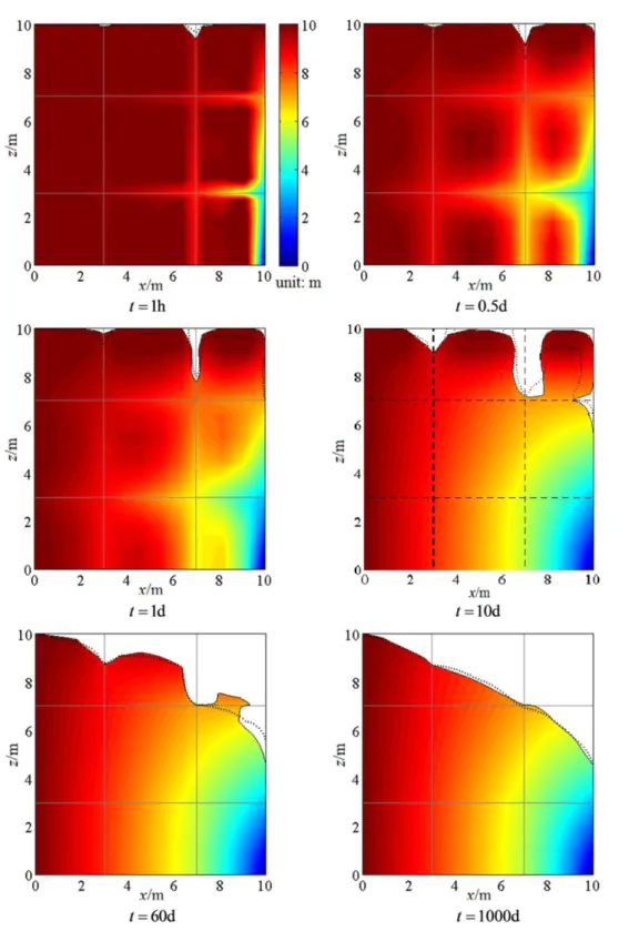 Figure 3.8 Evolution of the hydraulic head on the profile y=5 m using composite element  model in case 2 