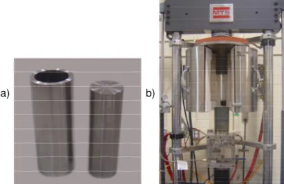 Figure 22 – Details of the press: a) cylindrical mold and dye and b) the press with the oven  to control the pressing temperature (Azari Dorcheh 2013) 