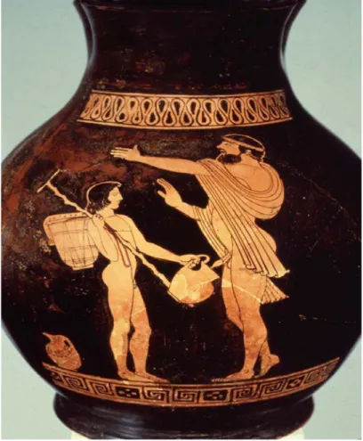 Figure 2: Vase antique du musée Getty en Californie représentant un homme urinant dans un vase  tenu par un esclave, l'urine étant collectée pour blanchir les dents [35] 