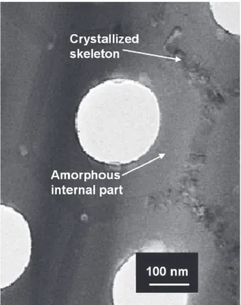 Fig. 9 – FEG-TEM observations, obtained in diffraction mode, of (a) the internal part, (b) the skeleton of the as-prepared anodic film, and (c) the skeleton after 30 s of exposure to the electron beam.