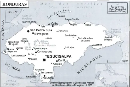 Figure  2.1:  Localisation  du  Honduras  en  Amérique  Centrale  (Division  Géographique de  la  Direction  des  Archives  du  Ministère des  Affaires  Étrangères  de  la  France,  2005) 
