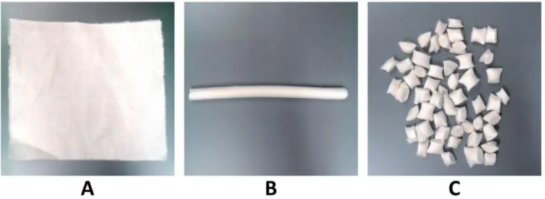 Figure 7. Handmade pellets of the cotton fabric to be fed into the gasifier. A) Plain cotton  fabric, B) dipped in starched and rolled fabric and C) cotton fabric cut into pellets (Paper IV) 