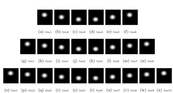 Figure 3.28 – Les images reconstruites des sph` eres statiques pour chaque niveau d’amplitude pour les diff´ erents binnings.