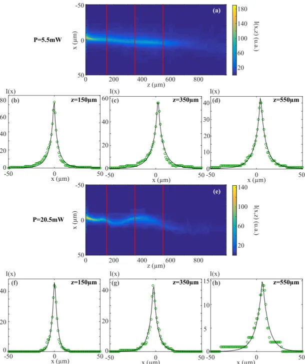Figure 2.1  Images représentant l'intensité diusée par le paquet d'ondes au cours de sa pro- pro-pagation pour (a) : P = 5.5 mW ; (e) : P = 20.5 mW , Prols d'intensité avec les données expérimentales représentées en vert, et la courbe ajustée correspond
