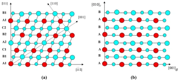 Figure II - 3  : Illustration des séquences d’empilement des plans compacts dans les structures  D0 22 -γ" (a) et D0 a -δ (b)