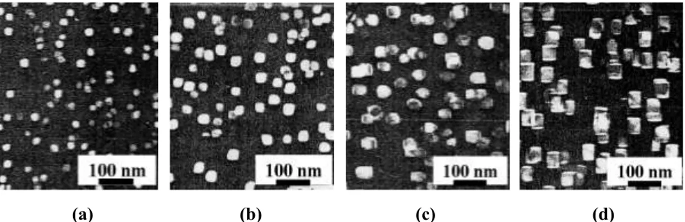 Figure II- 15 : Micrographies des précipités γ’ et γ&#34; obtenues après traitement thermique à  750°C avec des temps de vieillissement de 2 heures (a), de 4 heures (b), de 8 heures (c) et de   64 heures (d) [Coz73].