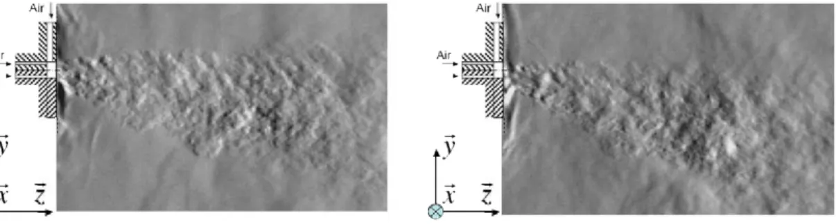 Figure 5.5 – Strioscopie du jet et du spray déviés : comparaison entre (Dev55) et (Dev75) pour R ac = 0.2 et R ac = 0.4.