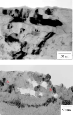 Figure 6. Transmission electron micrographs of ultramicrotomed sections of the surface/near-surface region of an AA7075 T6 aluminium alloy that had been mechanically polished to 1 µm diamond paste finish and anodically polarised to various potentials indic