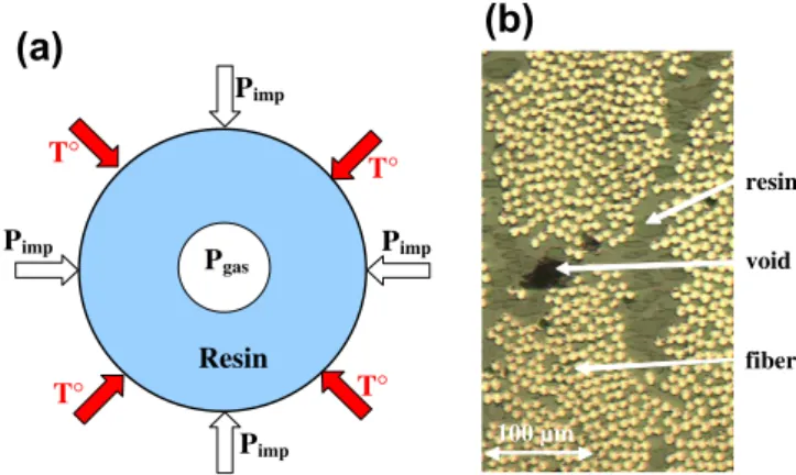 Fig. 2. (a) Schematic of the cellular model, (b) micrography of representative void in composite sample.