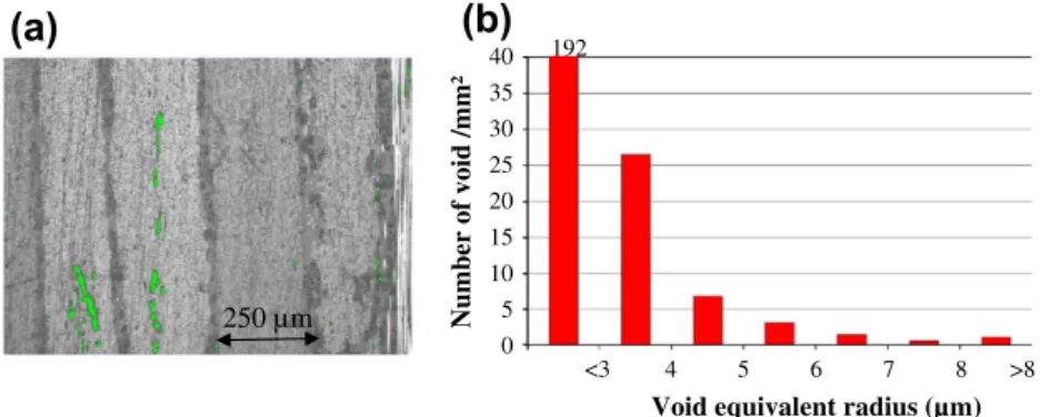 Fig. 4. Experimental void size investigation: (a) micrography (voids are represented in green color), (b) equivalent radius mean size distribution (For interpretation of the references to colour in this ﬁgure legend, the reader is referred to the web versi