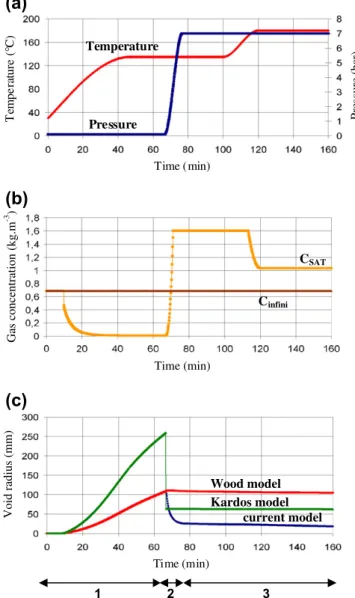 Fig. 5b. It can be seen that during ﬁrst stage, this concentration decreases due to the diffusion toward the bubble, whereas after pressure application, the increase of the concentration in the  bub-ble reverses the phenomena and C sat increases towards va