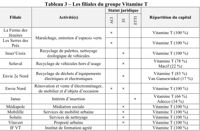 Tableau 3 – Les filiales du groupe Vitamine T 