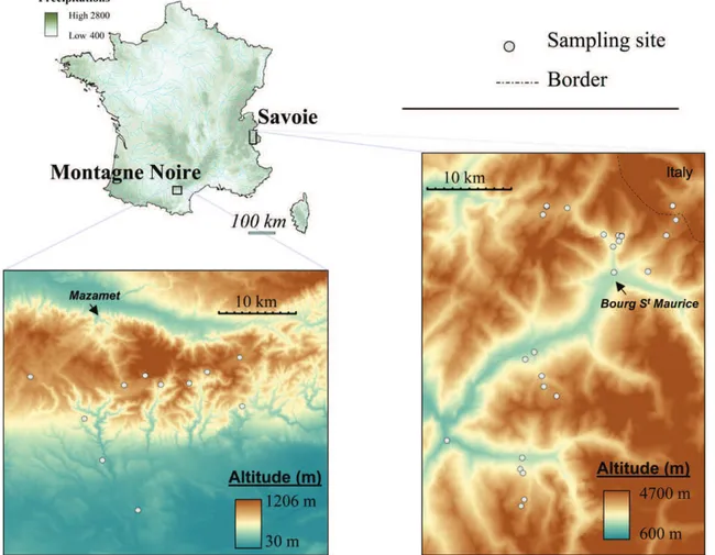 Fig. 1. Location of the sampling zones in France with respect to mean annual precipitations inferred from AURELHY Me´te´o-France data and altitude.