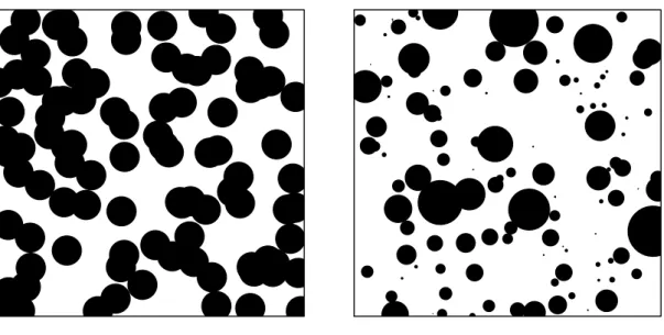 Figure I.6 – Simulation sur une fenˆ etre Λ = [0, 15] 2 , z = 0.5 et q = 2. ` A gauche nous avons des rayons constants 1/ √