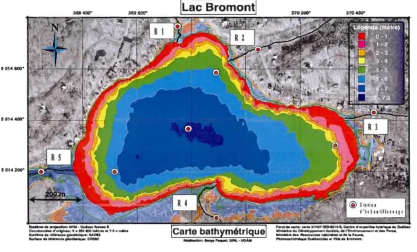 Figure 2.1.  Carte du  lac Bromont.  Les  couleurs représentent la bathymétrie du  lac  au  niveau  d'eau  maximal
