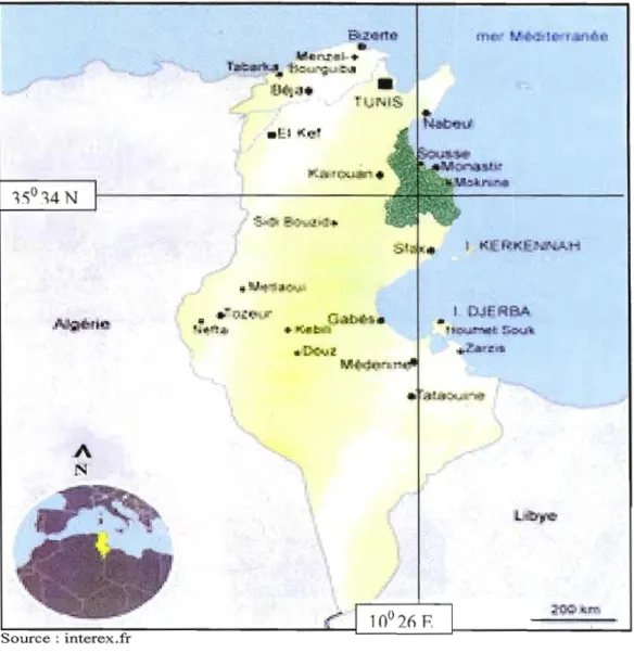 Figure 1.1  :  Localisation de  la  région  du  Sahel  tunisien  +  .'  l  .A  N  Source:  interex.fr  Le Sahel 