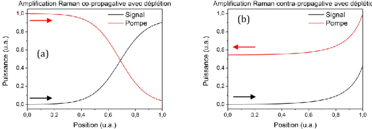 FIGURE  1.19    ‒  Profils  longitudinaux  des  puissances  pompe  et  signal  dans  les  cas  co-propagatif  (a)  et contra-propagatif (b).