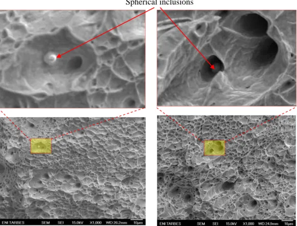 Fig. 7 Scanning electron microscope (SEM) views of fracture in tensile specimen (spherical inclusion  observations) 