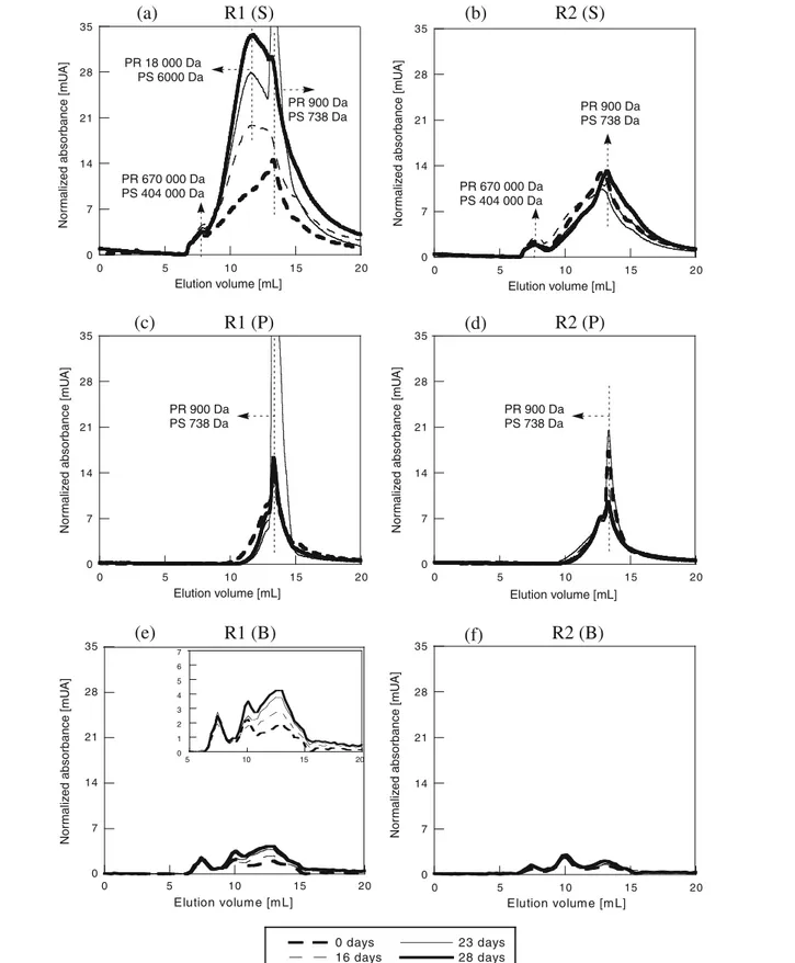 Fig. 4. Normalized chromatograms of soluble EPS present in supernatants (a and b) and in permeates (c and d) and of bound EPS (e and f) in reactors R1 and R2 respectively.