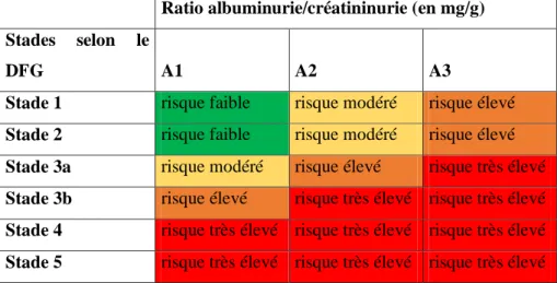 Tableau 4 : Risque de progression de la maladie rénale chronique selon le stade  Ratio albuminurie/créatininurie (en mg/g) 
