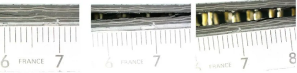 Figure 9. Photos displaying crack wake for 3-mm-thick stitched TDCB specimens. 