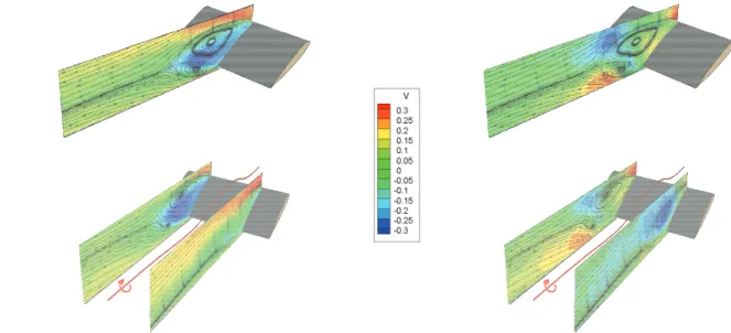 Figure 8 : Iso-contour de vitesse longitudinale U (Gauche) et verticale V (Droite) à 25° superposé avec les  lignes de courant 2D