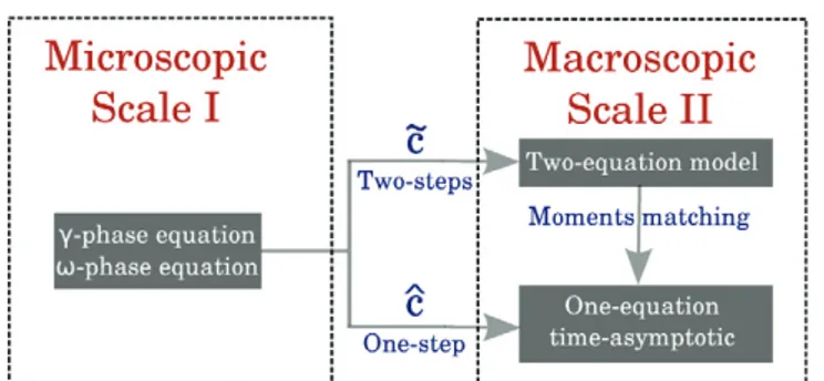 Fig. 1. Hierarchy of the different scales for dual-region large-scale averaging (on the left) and dual-phase Darcy-scale averaging (on the right).