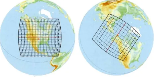 Figure 1.1 The two simulation domains centered over  the ARM-SGP  site (Ieft)  and  the  ARM-NSA  site  (right),  Only  every  5  grid  points  (Ieft)  or  10  grid  points  (right)  of  the  original grids  are shown  while the dashed  lines  indicate  ne