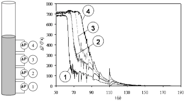 Figure III.8. Exemple type de variation des pertes de charge locales à travers le lit au cours de la  défluidisation