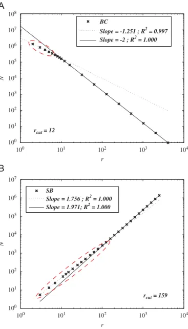 Fig. A7. Box-counting analysis (A) and sand-box analysis (B) of a resampled DLA superimposed to a square grid
