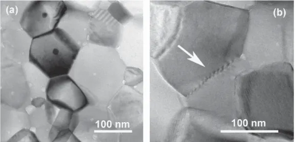 Fig. 4. Bright ﬁeld TEM images from nc-Y 2 O 3 after SPS at 1100 ◦ C and 100 MPa for (a) 10 min showing dense grain boundary corners as well as containing nano-pores