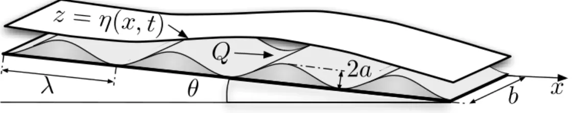 Figure 1: Free surface flow over an inclined nearly sinusoidal bottom.