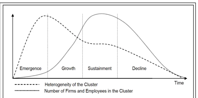 Figure  8:  Cycle  de  vie  d’un  cluster  en  fonction  de  sa  dynamique  de  développement  et  de  son  hétérogénéité (Menzel et Fornahl, 2006, p