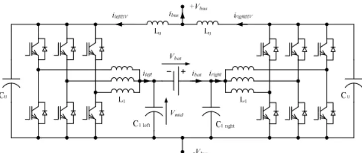 Figure 5.   Topology of the converter interfacing storage and HVDC bus  The main advantage of this structure is to allow each  branch (left = buck, right=boost) to work with duty cycles  around 0,5