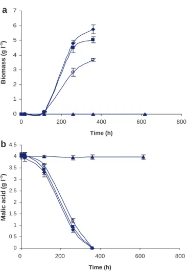 Fig. 4. Variation of the biomass of O. oeni X strain (a) and of its malic acid consumption (b) in the presence of three different MW fractions from the yeast fermented medium and in the control