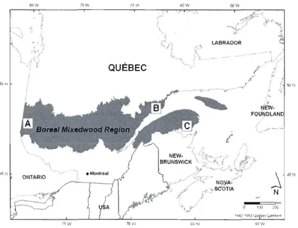 Figure 3.1.  Study locations within the boreal mixedwood region of Quebec, Canada: 
