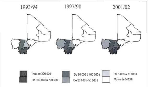 Figure 1.1  Evolution des  zones cotonnières au  Mali. (Tirée de OCDE  :2005  : [en  ligne]) 