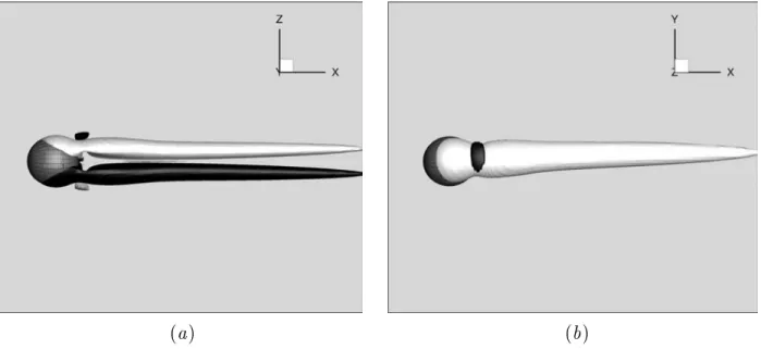 Fig. 4.3  Isosurfaces de vorticité longitudinale ω x R 0 /V ∞ = ±0.1 pour la sphère à R e = 250 : (a)- vue dans le plan de symétrie ; (b)- vue perpendiculaire au plan.