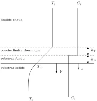 Fig. I.4: Repr´esentation sch´ematique de l’interface lors de l’ablation d’un substrat solide par un liquide ` a une vitesse constante V : substrat solide, couche de substrat fondu d’´epaisseur h m , couche