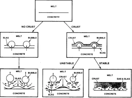 Fig. I.5: Repr´esentation propos´ee par Bradley [27] des diff´erents m´ecanismes potentiellement pr´e- pr´e-sents ` a l’interface du corium et du b´eton.