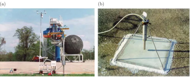 Figure 1.2 - (a) Engine equipped with ﬂow-straighter during acoustic measurements, and (b) one of the microphone mounted on the ground all around the engine.