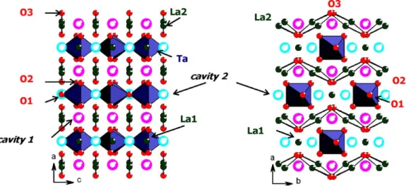 Fig. 1. La 3 TaO 7 crystalline structure in Cmcm space group with evidence of two cavities.