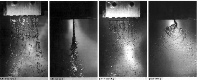 Figure 1.4 : Different regimes of the disintegration of an air assisted liquid sheet. Left: cellular breakup regime.