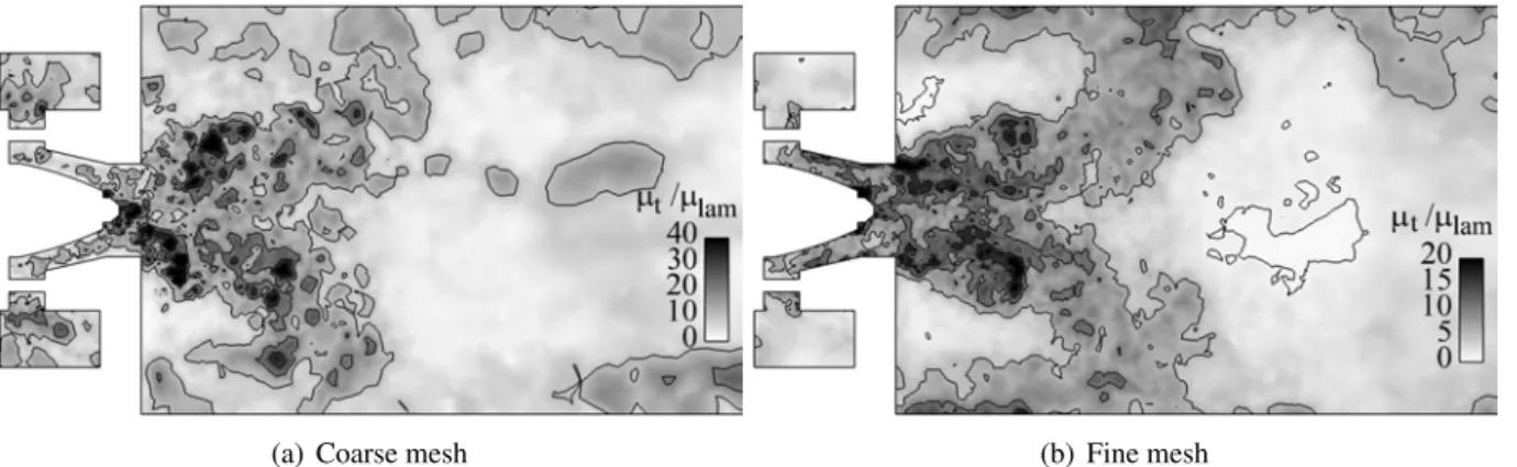 Figure 7.14 : Ratio of turbulent to laminar viscosity from an instantaneous solution in a mid-plane cut