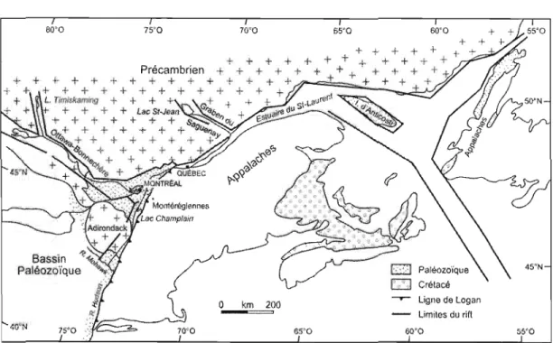 Figure 1 :  Distribution du système de rift Saint-Laurent en Amérique du  Nord (Modifié de Kumarapeli el Sauli,  1966)