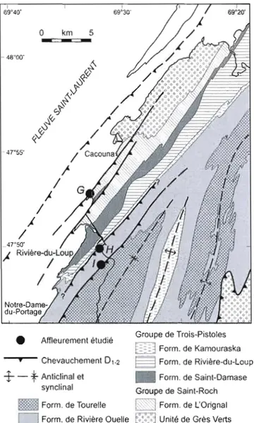 Figure  4  :  Carte  géologique  de  la  nappe  des  Seigneuries  dans  la  région  du  transect  de  Rivière  du  Loup  (Modifié  de  Sasseville et al., 2008)