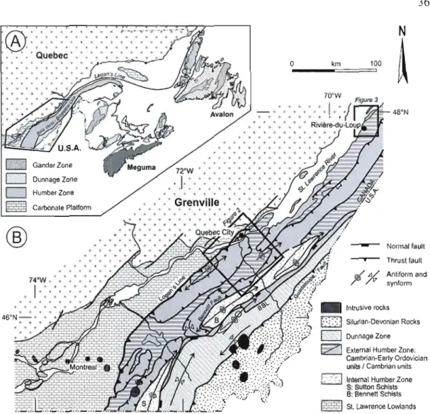 Figure 1.1:  A)  Lithotectonic  map  of  the  Canadian  Appalachians  (modified  from  Castonguay  et  al